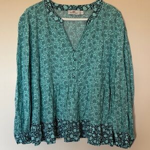 Vineyard Vines Teal Floral Button-Front Peasant Top